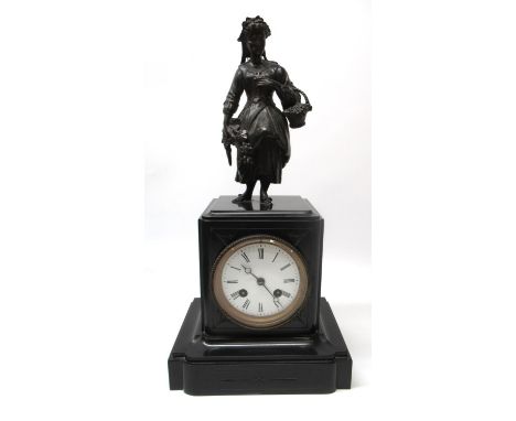 C19th French polished slate figural mantel clock, the case surmounted with a cast spelter figure of a flower seller, white en