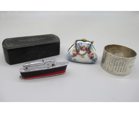 Hallmarked sterling silver napkin ring engraved with the name L Gardner and the ships he served on, 1.91ozt, a Victorian snuf