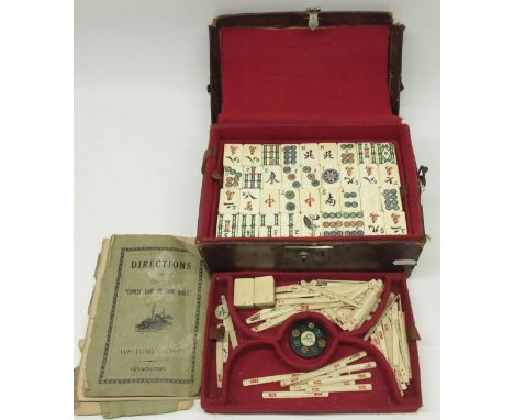 Vintage bone and bamboo Mahjong gaming set, in leather case 