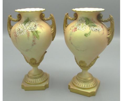Pair of Royal Worcester pedestal vases, gourd-shaped bowl with scrolled handles, painted with floral sprays, pattern number 1