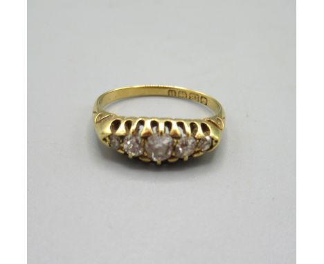 18ct yellow gold five stone diamond ring, stamped 18, size K, 3.1g 