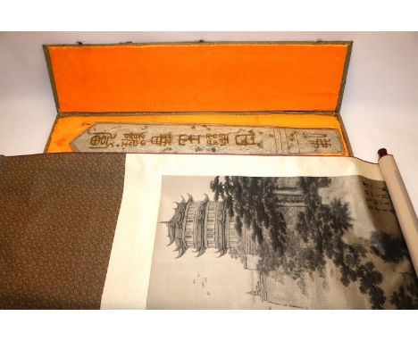 C20th carved stone Buddhist plaque, decorated with ancient Chinese characters, L100cm, and a Chinese silk scroll panel decora