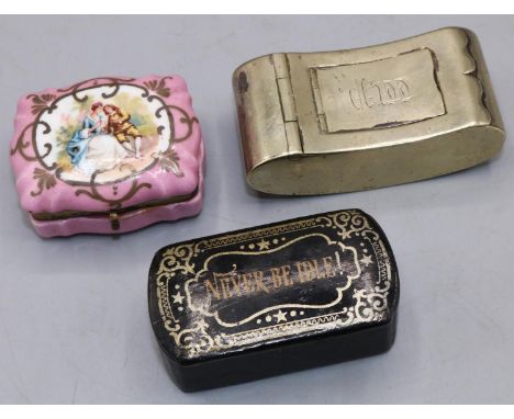 Three snuff boxes. features a two compartment Georgian brass snuff box, a pink decorative enamelled pill box &amp; Georgian b