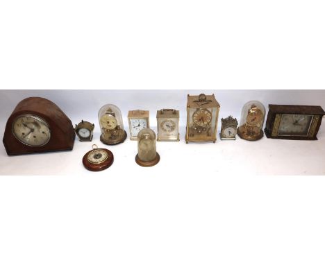Haller oak Westminster chiming mantel clock, H23cm; three 400 day suspension clocks, two quartz carriage clock timepieces, ot