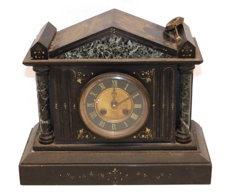 J. J. S. C19th French slate and marble mantel clock, stepped dial with brass centre and Roman chapter ring, two train rack st
