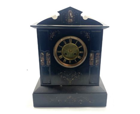 C19th French slate and marble mantel clock, stepped dial with brass centre and Roman chapter ring, two train rack striking mo