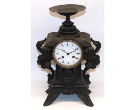 Early C20th French patinated spelter mantel clock, white enamel roman dial, two train count wheel striking movement  on a bel