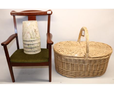 C20th mahogany finish child's chair, wicker picnic basket and a set of five hall/centre lamp shades 