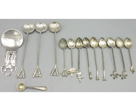 Various spoons including three Indian rupee salt spoons, nine souvenir spoons and an arts &amp; crafts Danish Viking silver t