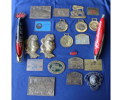 Large collection of brass traction engine rally plates. PICKERING, SUNDERLAND, BARNARD CASTLE, SCOTISH BORDERS etc. Two Budwe