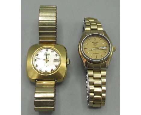 Ladies Seiko gold plated cushion automatic wristwatch with date, signed gold coloured linen finish dial with applied baton ho