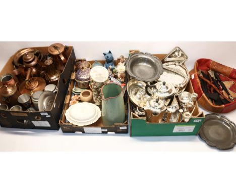 Large collection of mixed metal ware (2 boxes), Collection of carved African items and an African style pouffe, Various ceram