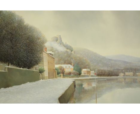 K. B. Hancock (20th century) British. Oil on canvas. Winter river scene. Signed bottom left. In a gilt decorated frame. H.74 
