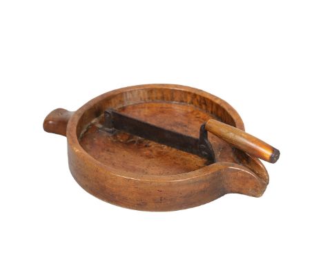 A 19TH CENTURY VEGETABLE/HERB CHOPPING BOARD. With guillotine style wooden handled steel cutter, 36cm long including handle. 