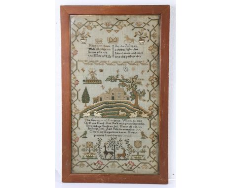 19th Century sampler, the rose edge with a central house raised on a hill filled with swans, a cat and a dog, the text above 