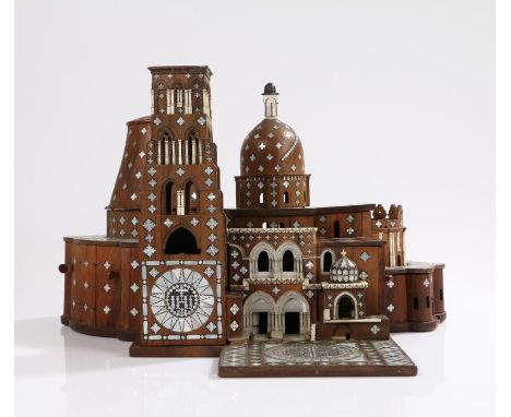 Rare 17th Century model of the Church of the Holy Sepulcher, Jerusalem, in olivewood, intricately inlaid with mother-of-pearl