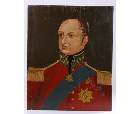 19th Century Folk Art painting of King William IV, W R IV above the portrait dressed in a red tunic and orders attached, oil 
