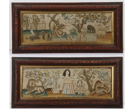 Pair of 17th Century silk embroideries, with a shepherd playing a musical instrument with sheep and a dog, the second with a 