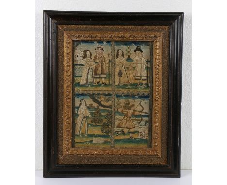 Early 17th Century needlework and loose work tapestry, with four panels depicting a couple standing by a moat and building, a