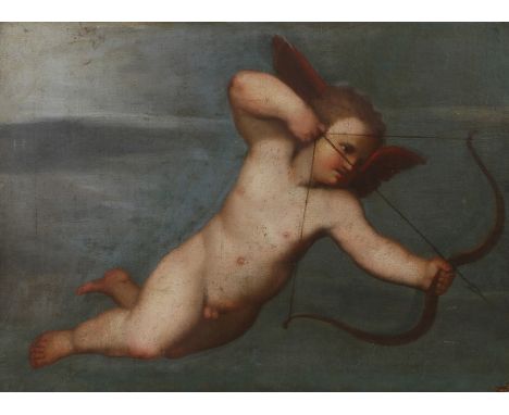 18th Century Italian school, cupid in the sky with a bow and arrow, unsigned oil on canvas, collector seal impression to the 