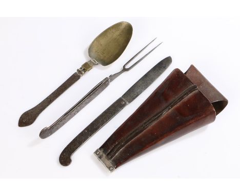 18th Century traveling supper set, the associated leather pouch housing a folding steel and brass spoon, folding steel knife 