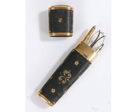 George III black shagreen etui, circa 1790, with foliate decoration, containing three implements including, a pair of scissor