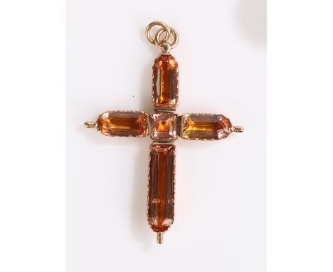 George III topaz cross pendant, circa 1800, with five step cut topaz stones in foil-backed rose gold collet setting and loop 
