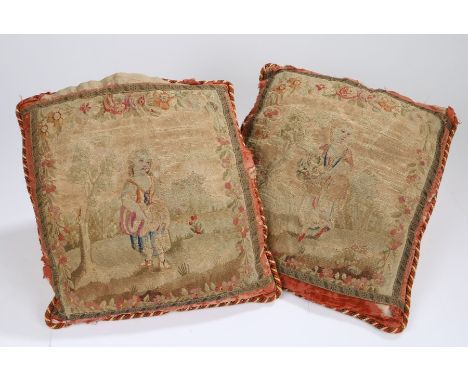 Two 17th Century cushion covers, the embroidered covers depicting young ladies in the countryside, 40cm diameter, (2) 