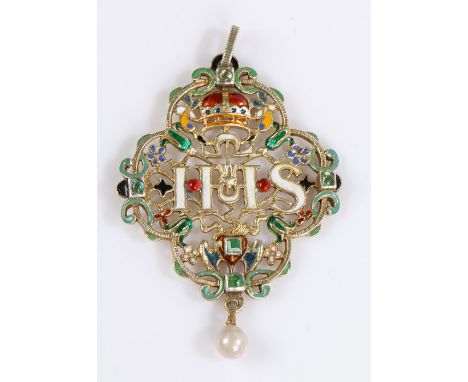 Italian or Spanish devotional pendant, probably mid 18th Century, the central white enamel IHS with a red, orange and green e