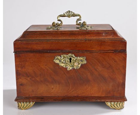 George III mahogany tea caddy, the rectangular top with a shell capped swing handle opening to reveal three compartments, the