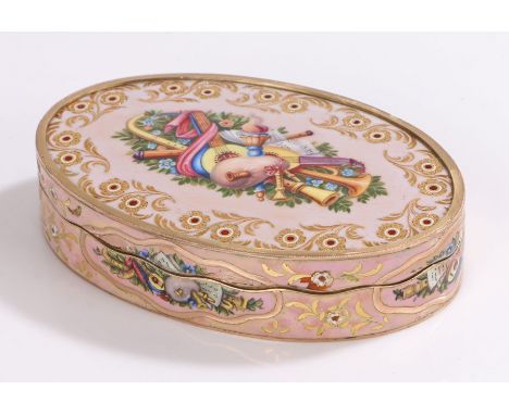 19th Century Swiss enamel snuff box, circa 1830's, the yellow metal box with an enamel top in pink with a cluster of musical 
