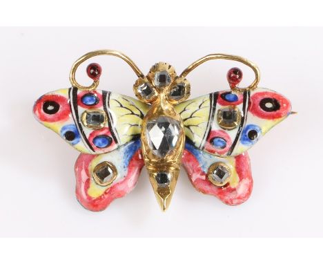 17th Century diamond and enamel butterfly brooch, the body and wings set with rose cut diamonds amongst polychrome enamel, fi