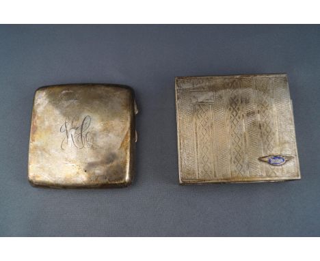 An early 20th century concave cigarette case engraved with script initials, 8cm wide, apparently unmarked, 88 grams; together