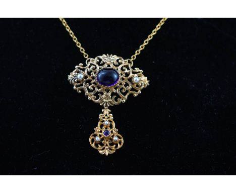 A 9ct gold, amethyst and cultured half-pearl necklace, the front designed as a scroll and foliate pierced oval panel centred 