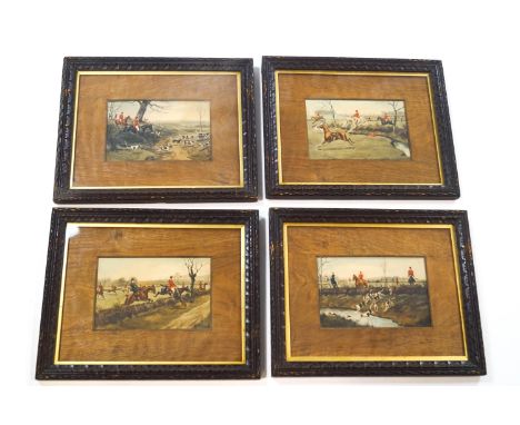 After G D Rowlandson, Fox hunting, overpainted prints, set of four, 12.5cm x 19.5cm