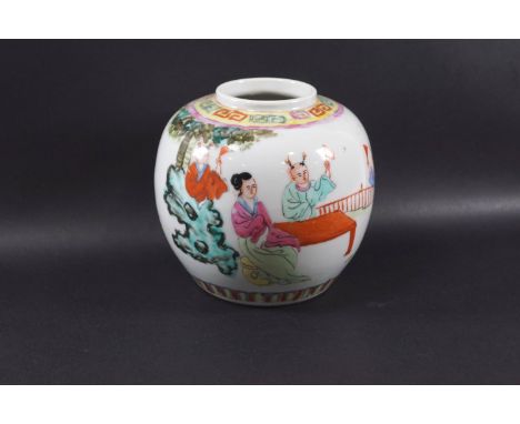 A 20th century Chinese ginger jar with polychrome enamel decoration of figures, character marks to base, 12.5cm high