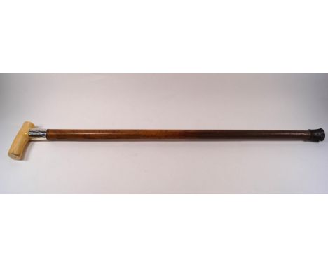 A malacca stick with ivory handle and wide silver collar, dated 1893