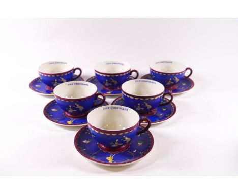 A set of six Wedgwood Cadbury's Chocolate advertising cups and saucers, transfer printed and painted decoration of 18th centu