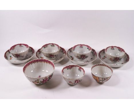 A collection of seven 18th century Chinese porcelain famille rose teabowls and four saucers, each decorated in enamels with f