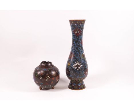 A Japanese cloisonne enamel censer and cover, of globular form with circular patterns, 9.5cm high, and a cloisonne vase of wa