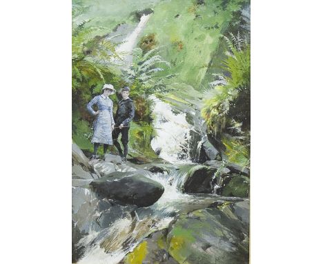 ANGELO FAIRFAX MUCKLEY (BRITISH 1859 - 1920),BOY AND GIRL FISHING IN A POOL IN A CASCADEwatercolour, bodycolour and gum arabi