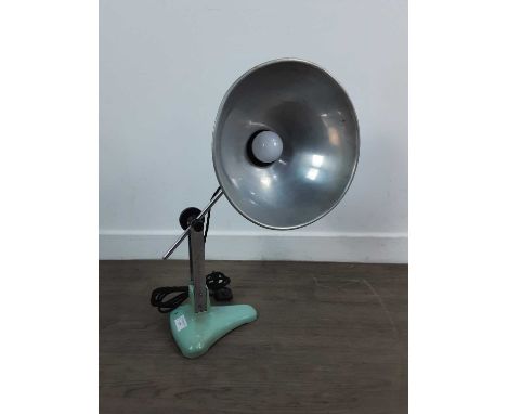 INDUSTRIAL TABLE LAMP, CIRCA 1930-39 with large aluminium shade, adjustable arm support, mint green triangular base67cm fully