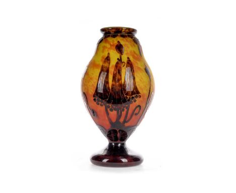 CHARLES SCHNEIDER FOR LA VERRE FRANCAIS, ART NOUVEAU CAMEO GLASS VASE, CIRCA 1920s of footed ovoid form, case in mottled amet