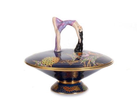 CARLTON WARE, ART DECO PEDESTAL BOWL AND COVER, CIRCA 1920-40  enamelled with stylised designs to blue ground, the cover with