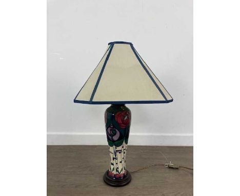 RACHEL BISHOP FOR MOORCROFT, 'MACKINTOSH' PATTERN TABLE LAMP, CONTEMPORARY of baluster form, tube lined with Glasgow roses, o