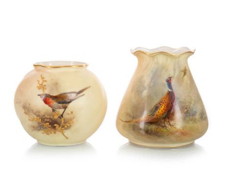 ROYAL WORCESTER, TWO VASES, one painted with a pheasant, the other with a bird perched on branches, printed backstamps in bla