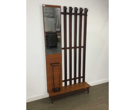 MID-CENTURY TEAK HALLSTAND, CIRCA 1970 with mirror and four coatracks over a wrought iron stick stand, on tapered square sect