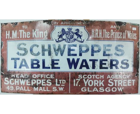 SCHWEPPES TABLE WATERS, ENAMEL ADVERTISEMENT SIGN, EARLY 20TH CENTURY  By Appoitment to H.M. The King and H.R.H. The Prince o