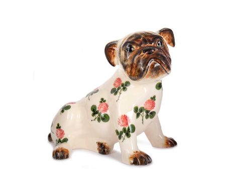 GRISELDA HILL WEMYSS WARE, 'CLOVER' DOG, CIRCA 1998 painted with clover in pink with green on a white ground, by Sharyn Dunca