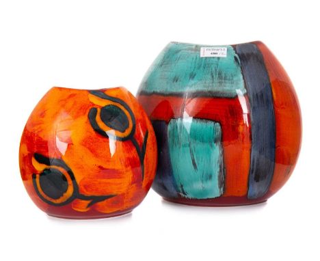 POOLE POTTERY, TWO VASES, CIRCA 1970s comprising one 'Peacock' purse vase, and a 'Gemstones' purse vaseQty: 25cm high